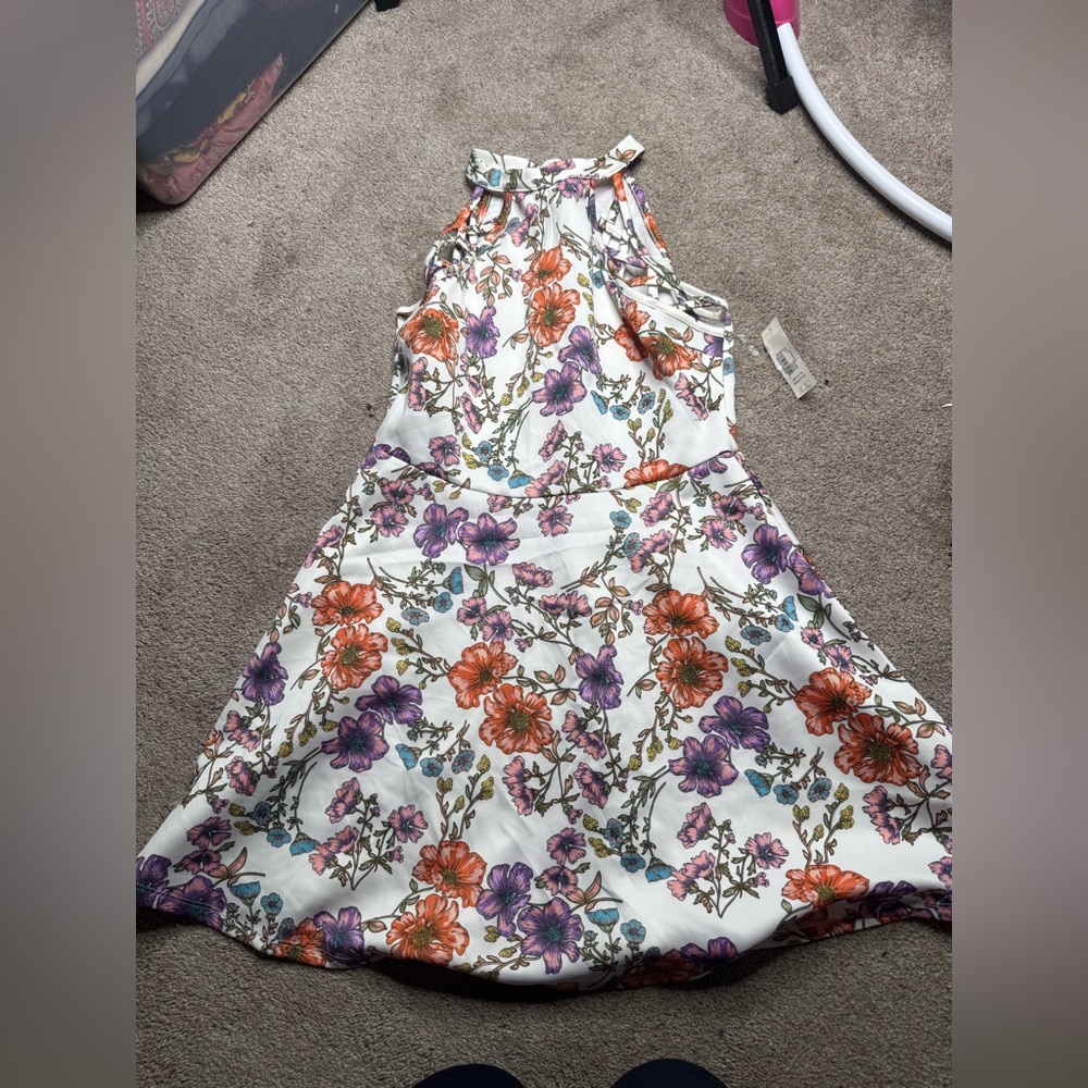 No Boundaries White Floral Halter Dress with Orange & Purple Flowers